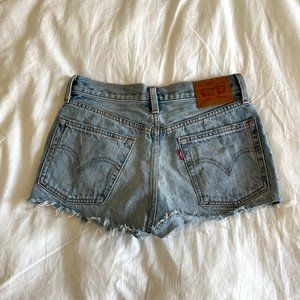 Levis 501 Original Button Fly Cutoff Denim Shorts High Rise Fringed Blue 29